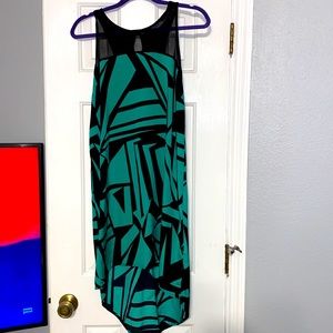 Black/ green geometric pattern dress with hi-lo hem